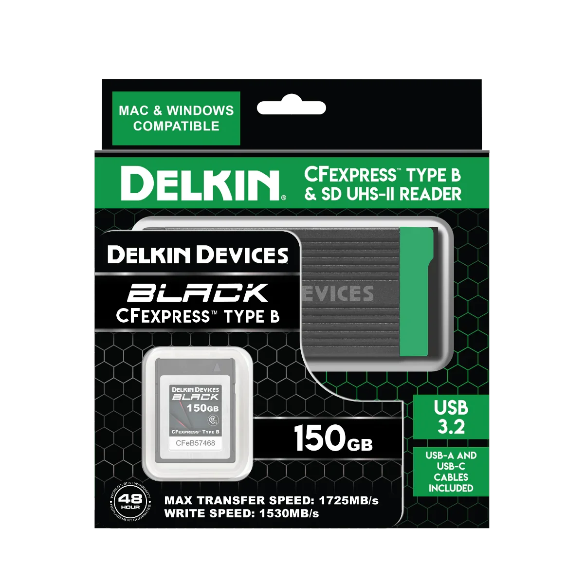 Delkin Devices BLACK CFexpress Type B Memory Card - 150GB w/ USB 3.2 CFexpress Type B Card and SD UHS-II Memory Card Reader Bundle