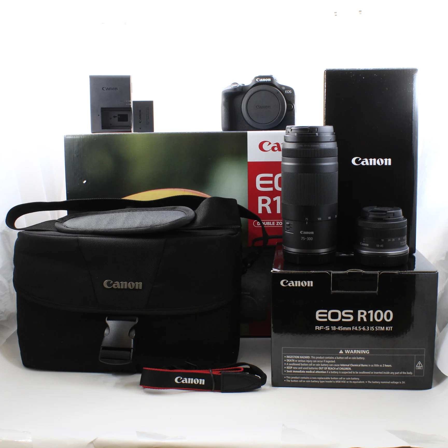 * OPEN BOX EXCELLENT * Canon EOS R100 Digital Camera with RF-S 18-45mm f/4.5-6.3 IS STM Lens and  RF 75-300mm f/4-5.6 Lens - Double Zoom Lens Kit