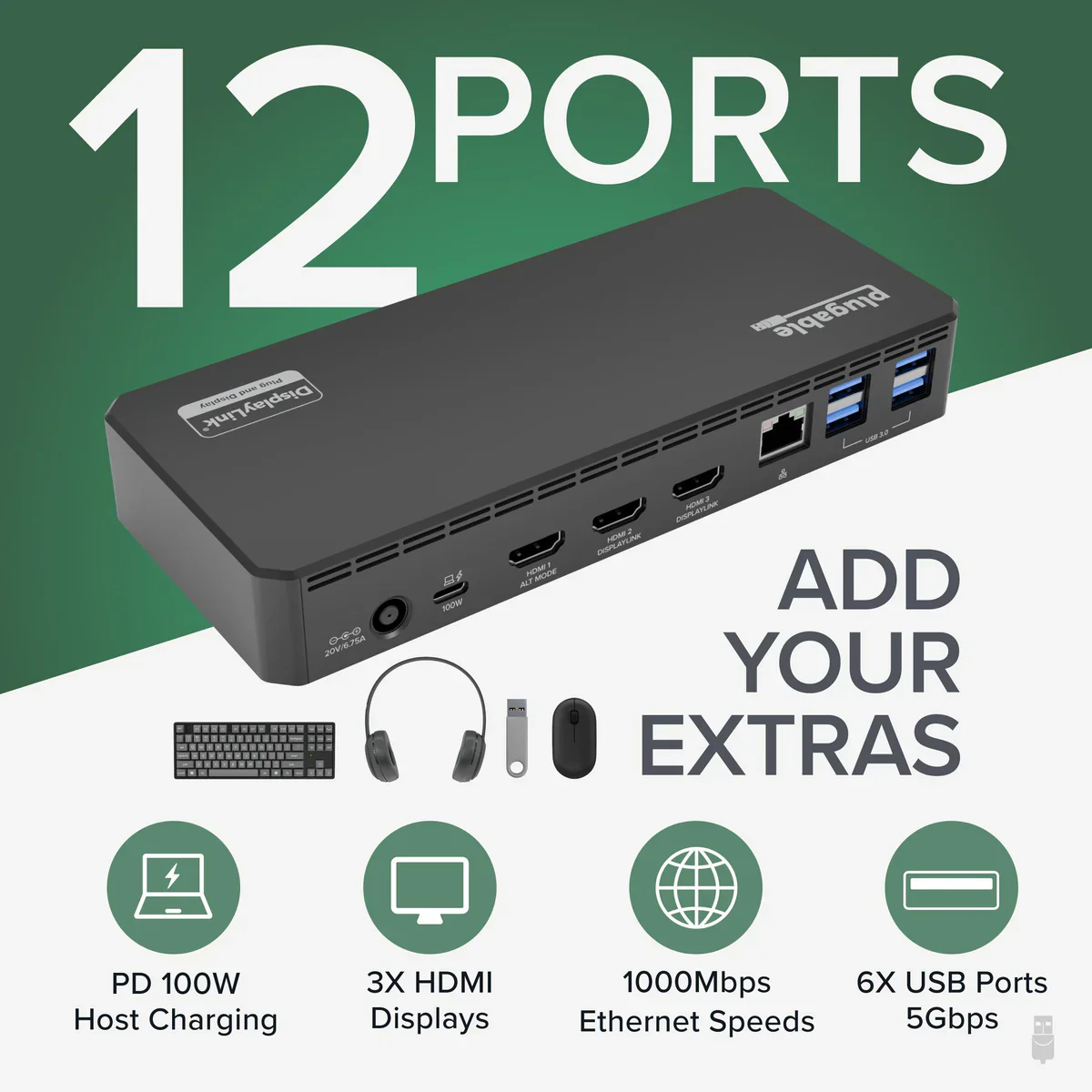 Plugable USB-C Triple Display Docking Station w/ 100W PD Laptop Charging & 3 x HDMI - Image 3