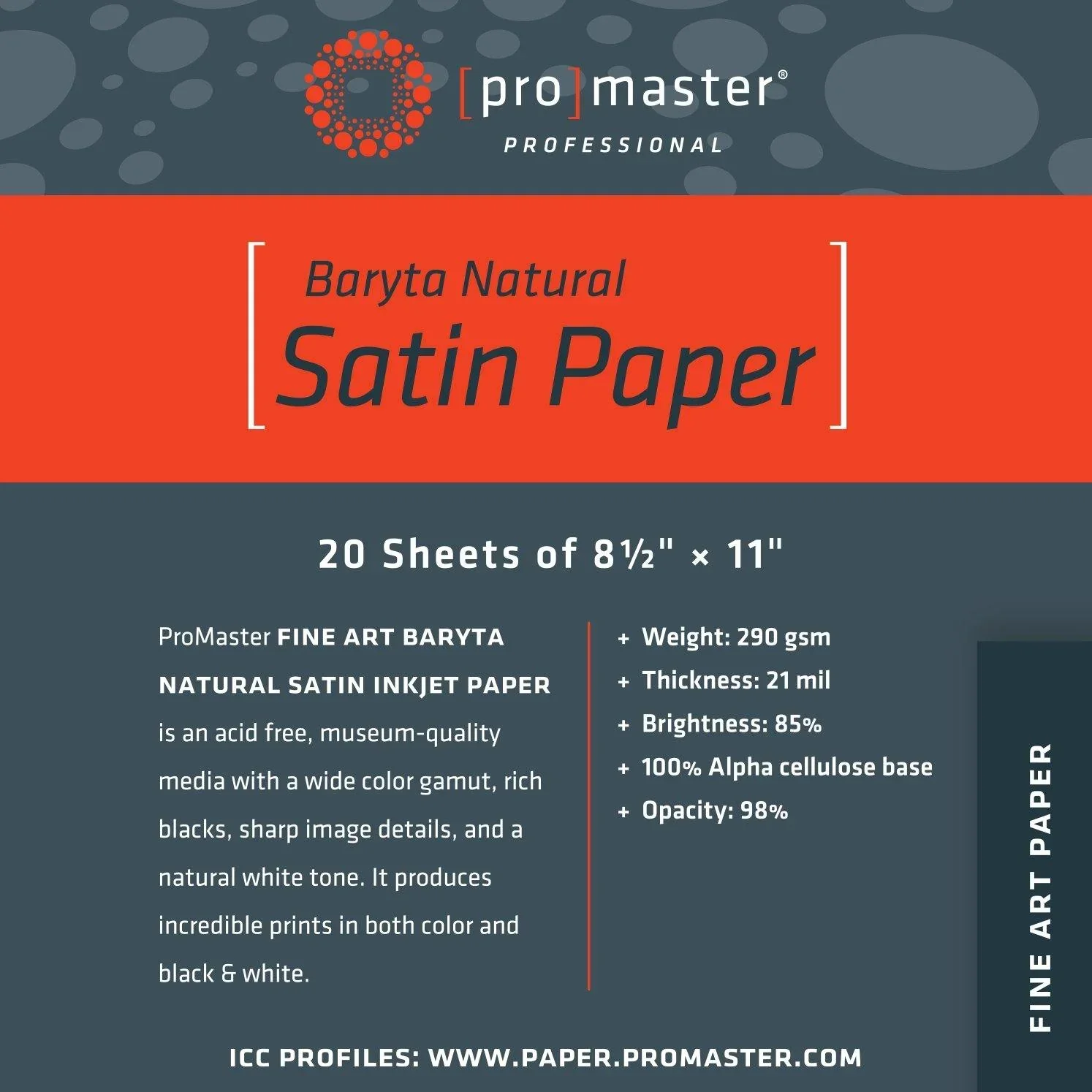 ProMaster Fine Art Baryta Natural Satin Inkjet Photo Paper - 8.5''x11'' - 20 Sheets
