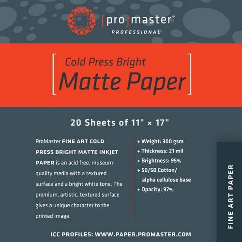 ProMaster Fine Art Cold Press Bright Matte Inkjet Photo Paper - 11''x17'' - 20 Sheets